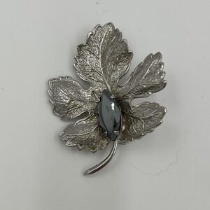 Vintage Silver Tone Leaf Brooch Marquise Hematite Rhinestone Botanical Pin